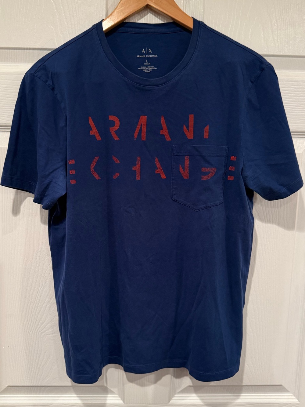 Armani Exchange Navy Tee with Red Stenciled Logo and Chest Pocket